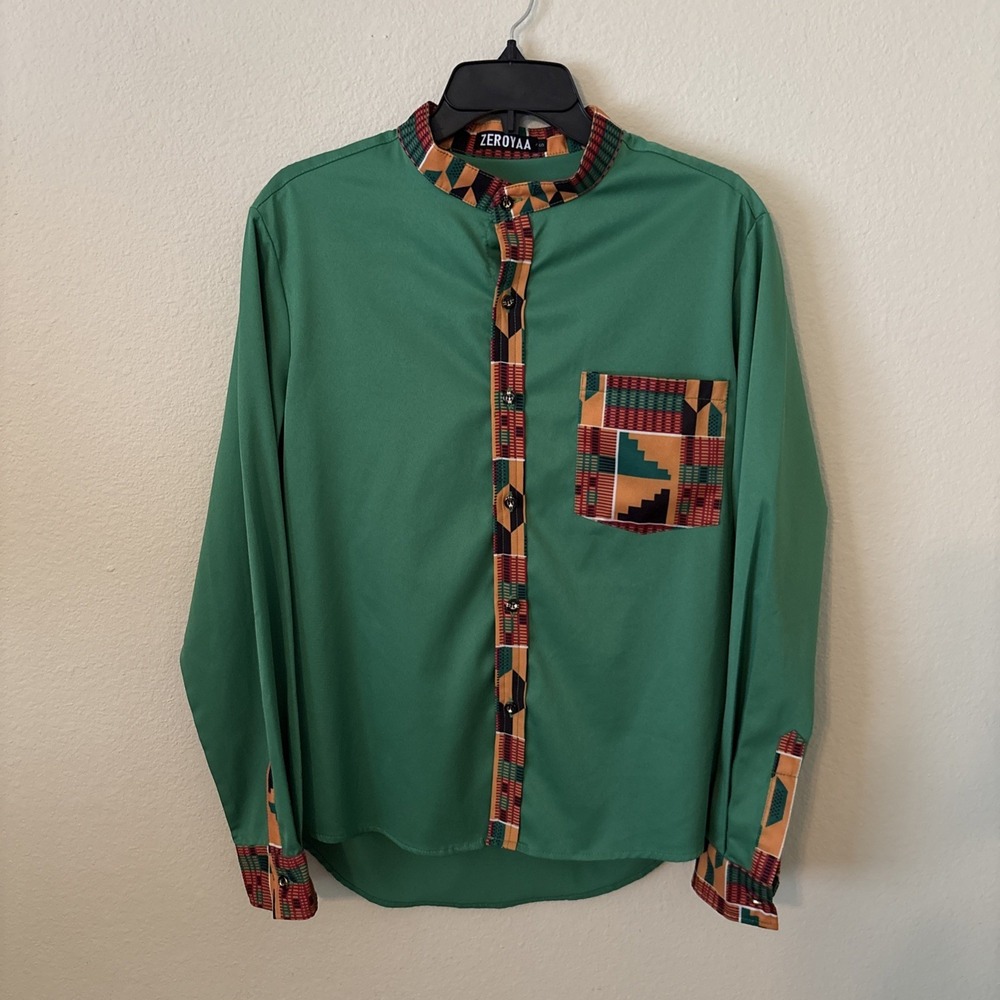 ZEROYAA Men's Small Satin Green Vibrant  Long‎ Sleeve Button Up Dress Shirt FAMU